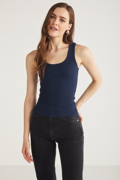 Lıllesol Women's Ribbed Look Thick Strap Basic Navy Blue Blouse Undershirt