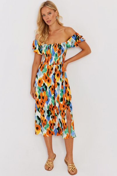 Women's Orange Elastic Patterned Midi Dress MON126