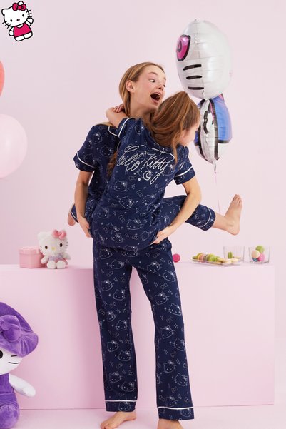 Hello Kitty Licensed 100% Cotton Navy Blue Multicolor Buttoned Piped Pajama Set
