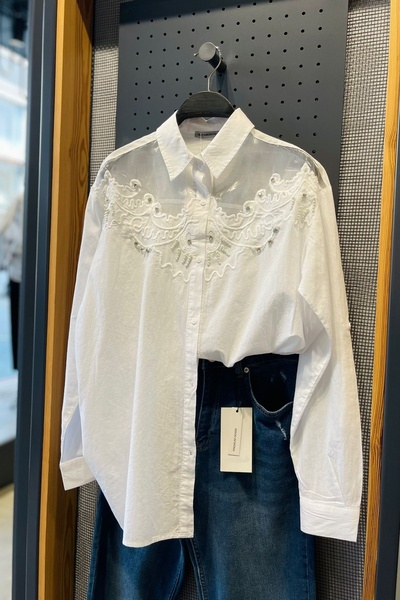 Women's White Stone and Bead Embroidered 100% Cotton Oversized Shirt ( Please Order 1 Size Smaller )