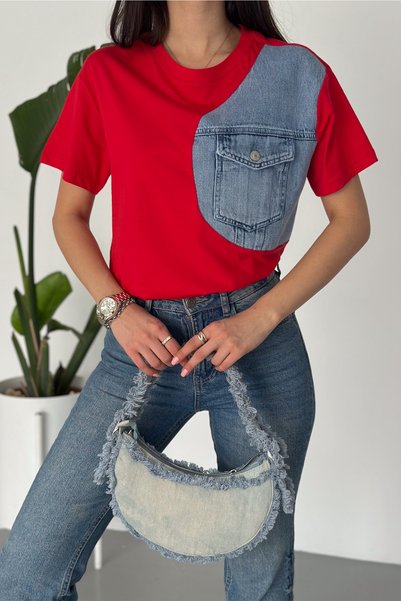 Women's Red Denim Jeans Detailed Pocket Design Cotton T-Shirt