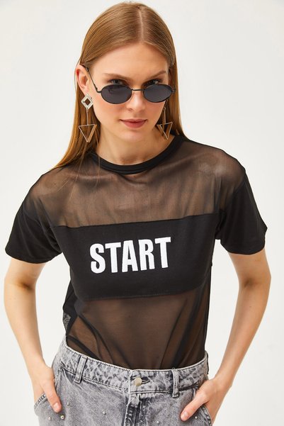 Women's Black Tulle Garnished Embroidered T-Shirt TSH-19000798
