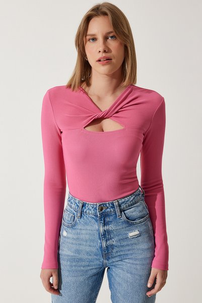 Women's Pink Cut Out Detailed Ribbed Knitted Blouse SF00005