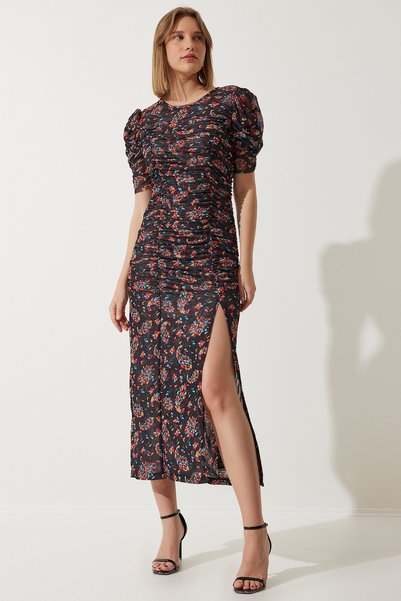 Women's Black Slit Floral Tulle Dress WO00040