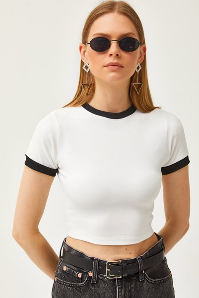 Women's White Color Striped Lycra Crop Ottoman Blouse BLZ-19002582