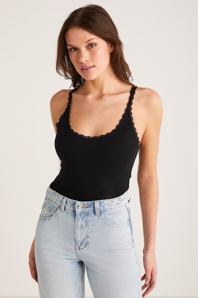 Barry Women's Regular Fit Regular Fit Cotton Lace Detailed Thin Strap Hollow Collar Black Tank Top