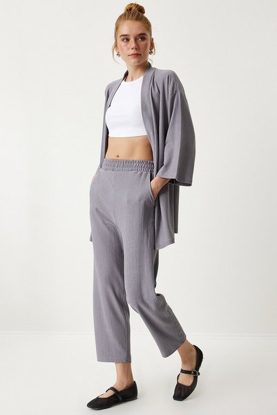 Stone Gray Knitted Kimono and Trousers Set - Lby0001