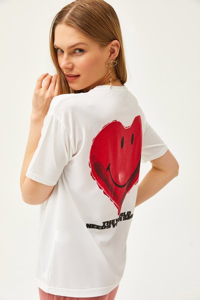 Women's Ecru Front Back Heart Printed T-Shirt TSH-19000806