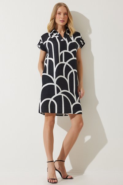 Women's Black Polo Collar Patterned Summer Dress OF00001