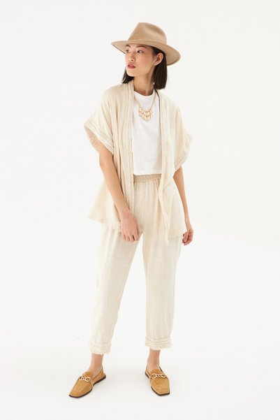 Linen Trousers with Tassels on the Legs Natural