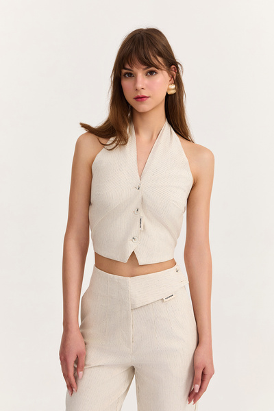 Back Low-cut Line Detailed Buttoned Vest Natural