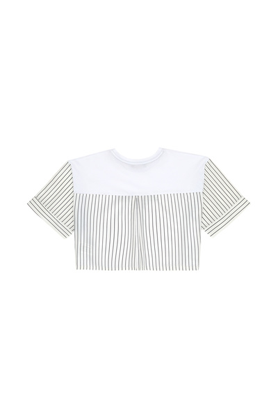 Stripe Detailed Printed Crop T-Shirt Ecru