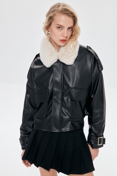 Plush Detailed Leather Jacket Black