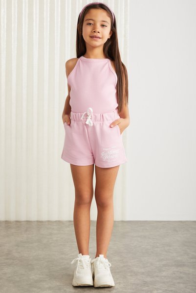 Lainey-grm24041 100% Cotton 3 Thread Printed Girls' Shorts Pink Shorts