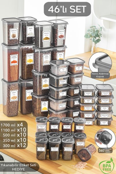 46-Piece Square Food and Legume Storage Container and Spice Set 12x300 ml 10x(350 ml 500 ml 1100 ml) 4x1700 ml