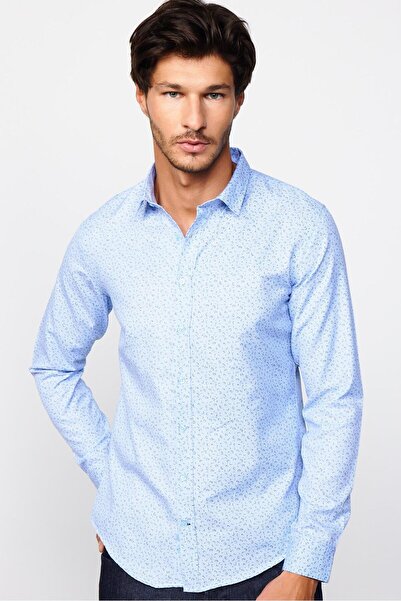 Машка кошула Slim Fit, со долги ракави, тесен крој, со дезен, памучна, лесна за пеглање, сина