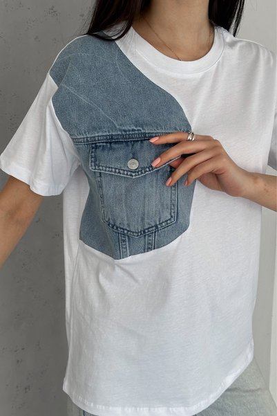 Women's White Denim Jeans Detailed Pocket Design Cotton T-Shirt