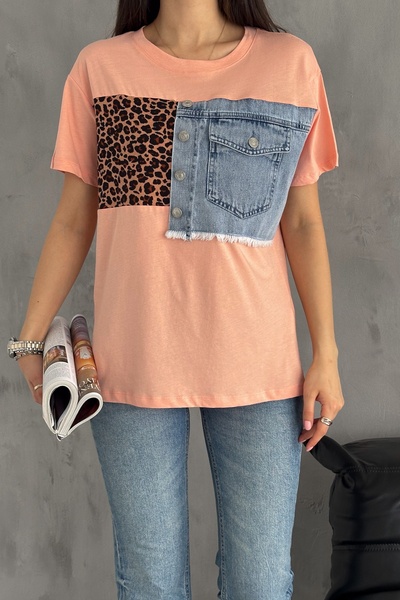 Women's Powder Leopard And Denim Detail Buttoned Design Cotton T-Shirt
