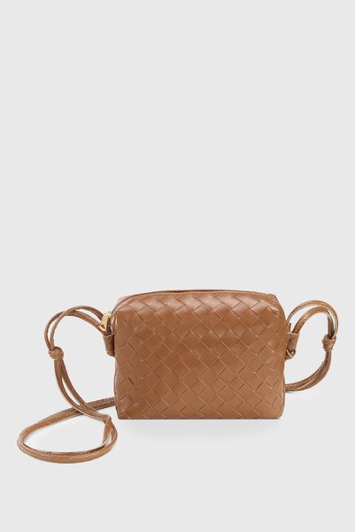 Cross Strap Tan Knitted Detailed Bag - 260