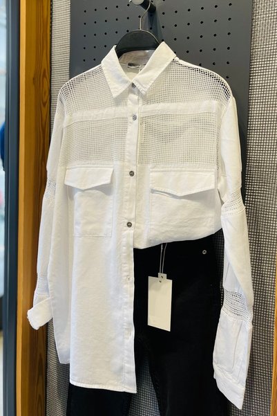 Women's White Double Pocket Mesh Transparent Wide Fit Oversize 100% Cotton Shirt (Buy Size 1)