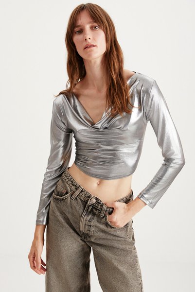 Arleen Women's Degaje Silver Coated Flexible Fabric Long Sleeve Crop Gray Bustier