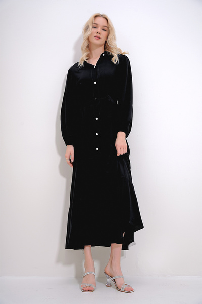 Black Shirt Collar Stone Button Detailed Skirt Ruffled Woven Viscose Dress Alc-X12061