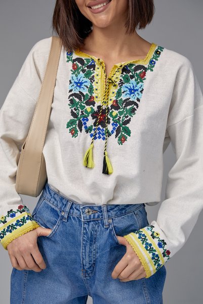 Women's Tasseled Floral Embroidered Cotton Blouse
