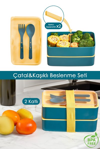 Adjustable Rectangular 2-Tier Lunch Box - Fork Spoon Serving Food Storage Box Green-Yellow