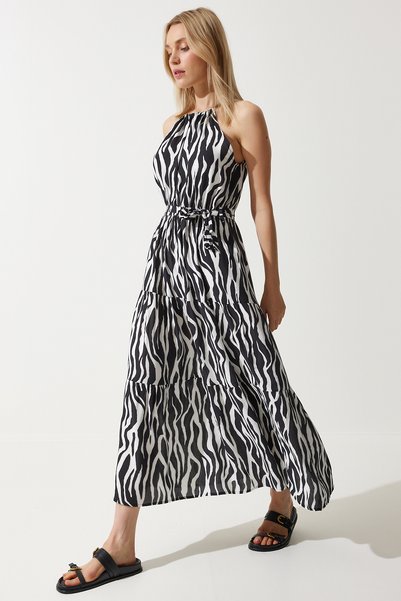 Women's Black and White Halter Collar Summer Viscose Dress ZV00269