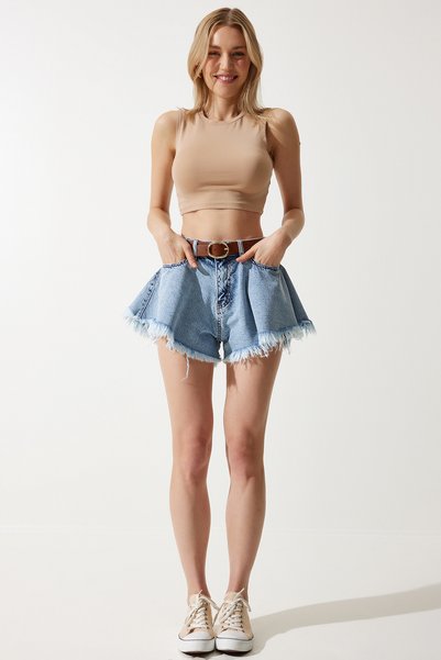 Tasseled Mini Denim Shorts Medium Blue Lhe0001
