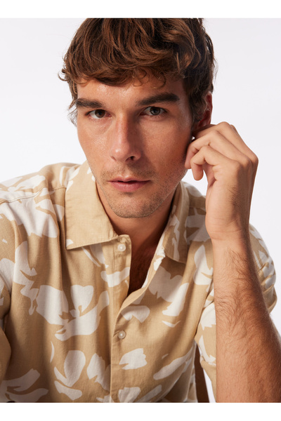 Wide Fit Light Brown Men's Shirt Jorfaro Linen Aop Oversized Shirt S