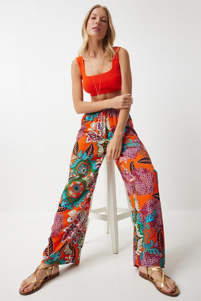 Women's Orange Turquoise Patterned Flowing Viscose Palazzo Trousers EN00606