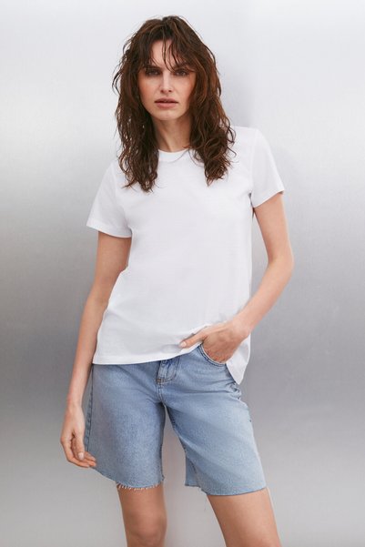 Samantha Women's 100% Organic Cotton Comfort Fit Long Back Basic Knitted White T-Shirt
