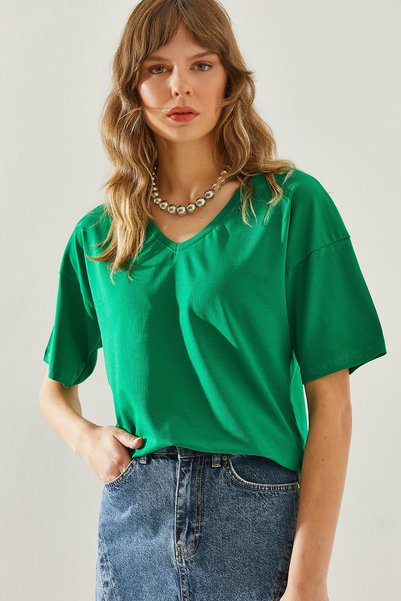 Women's Emerald Green V-Neck Short Sleeve Basic T-Shirt 60251204