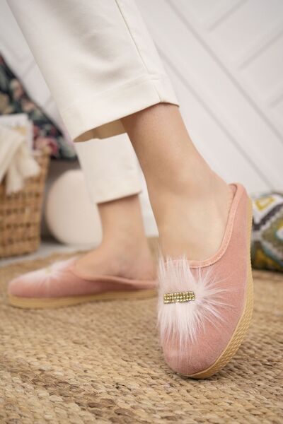 Pink Women's Furry House Slippers Winter Closed Soft Comfortable Jeweled Slippers Birth Trousseau Guest Slippers