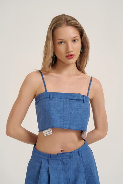 Fabric Matched Strappy Crop Blouse Indigo