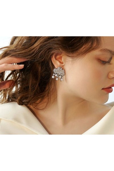 Pearl Stone Detailed Women's Silver Earrings