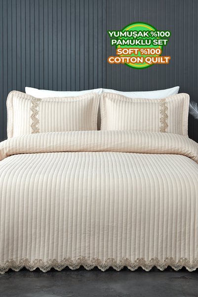 100% Cotton Double Bedspread Mihrimah Lace Pique Set Beige