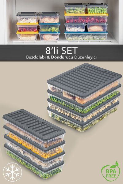 8-Piece Storage Container, Microwave Compatible Food Storage Container Anthracite 4X2400 Ml- 4X1170 ml