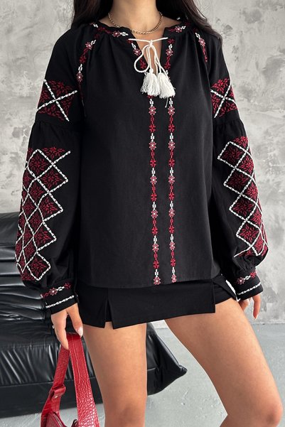 Women's Black Tasseled Authentic Embroidered Balloon Sleeve Cotton Blouse
