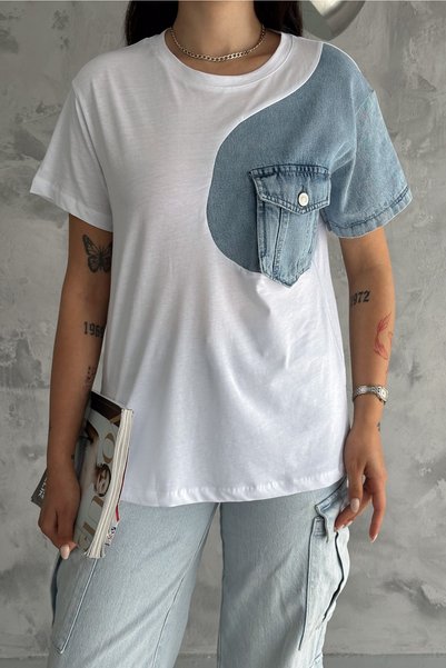 Women's White Single Pocket Sleeve and Pocket Denim Detailed Design Cotton T-Shirt