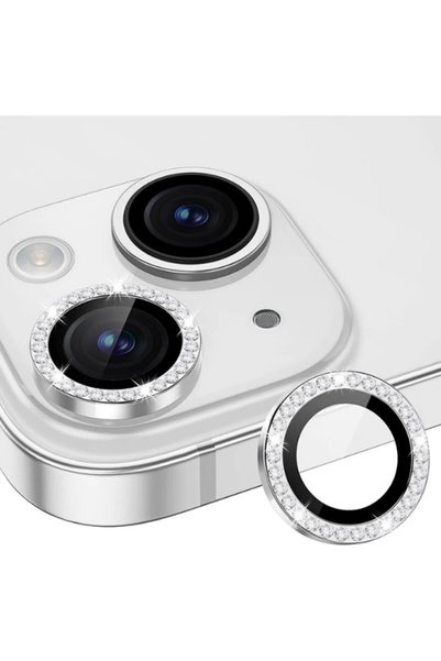 iPhone 15 / 15 Plus and 14 / 14 Plus Compatible Stoned Camera Lens Protector Tempered Glass Protection Silver