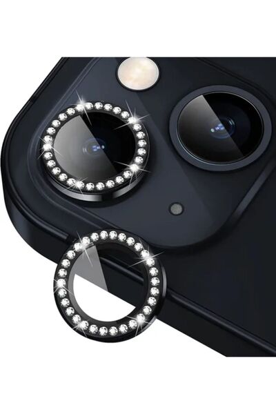 iPhone 15 / 15 Plus and 14 / 14 Plus Compatible Stoned Camera Lens Protector Tempered Glass Protection Black