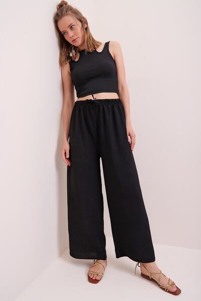 Black Elastic Waist Comfortable Fit Aerobin Trousers ALC-X6625