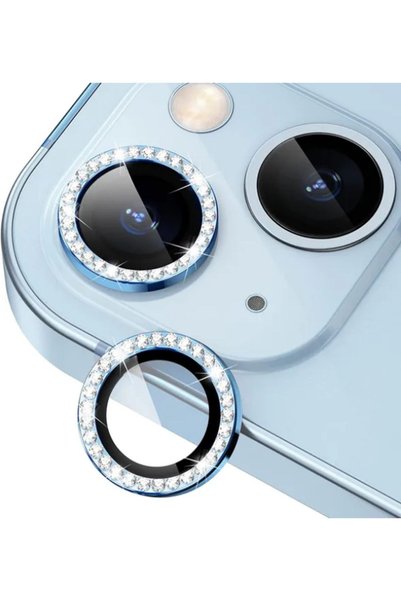iPhone 15 / 15 Plus and 14 / 14 Plus Compatible Stoned Camera Lens Protector Tempered Glass Protection Blue