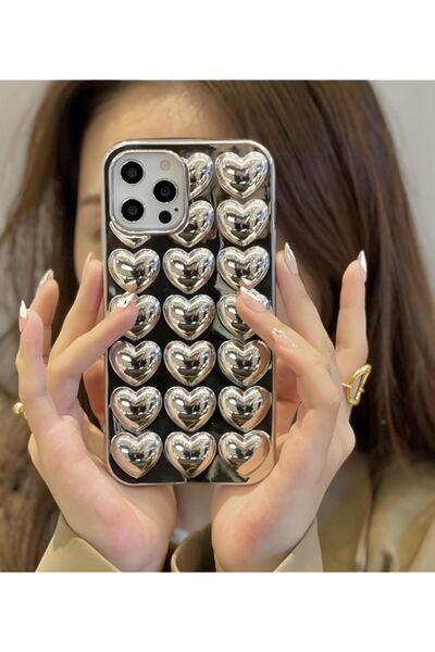 iPhone 15 Pro Max Compatible Case Chrome Silver Heart Stylish Shock Resistant Soft Silicone Cover