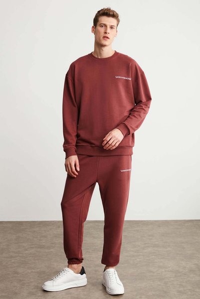 Marshall Men's Cotton Fleece Inside Embroidered Relaxed Burgundy Tracksuit Set