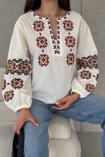 Women's Elastic-Cuffed Balloon Sleeve Vintage Embroidered Cotton Blouse