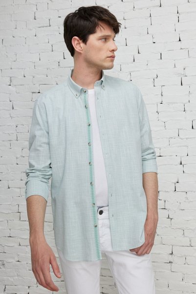 Men's Khaki Slim Fit Narrow Cut Button Collar Linen Look 100% Cotton Flared Shirt