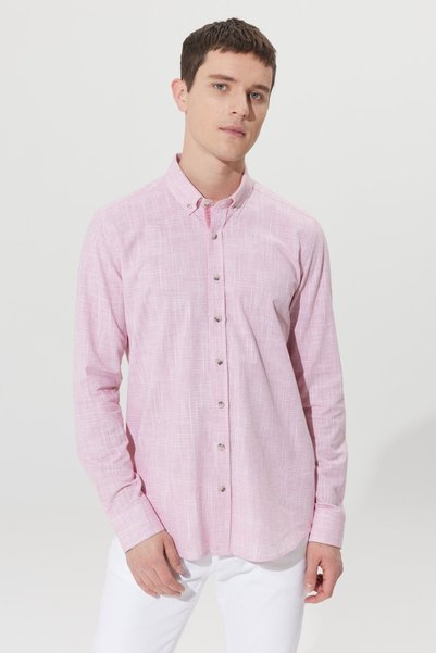 Men's Claret Red Slim Fit Narrow Cut Button Collar Linen Look 100% Cotton Flared Shirt